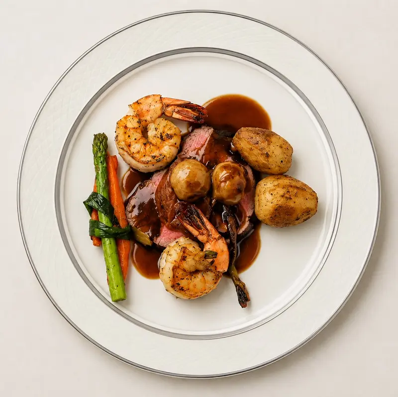 Shrimp in a glossy sauce, plated on white china.