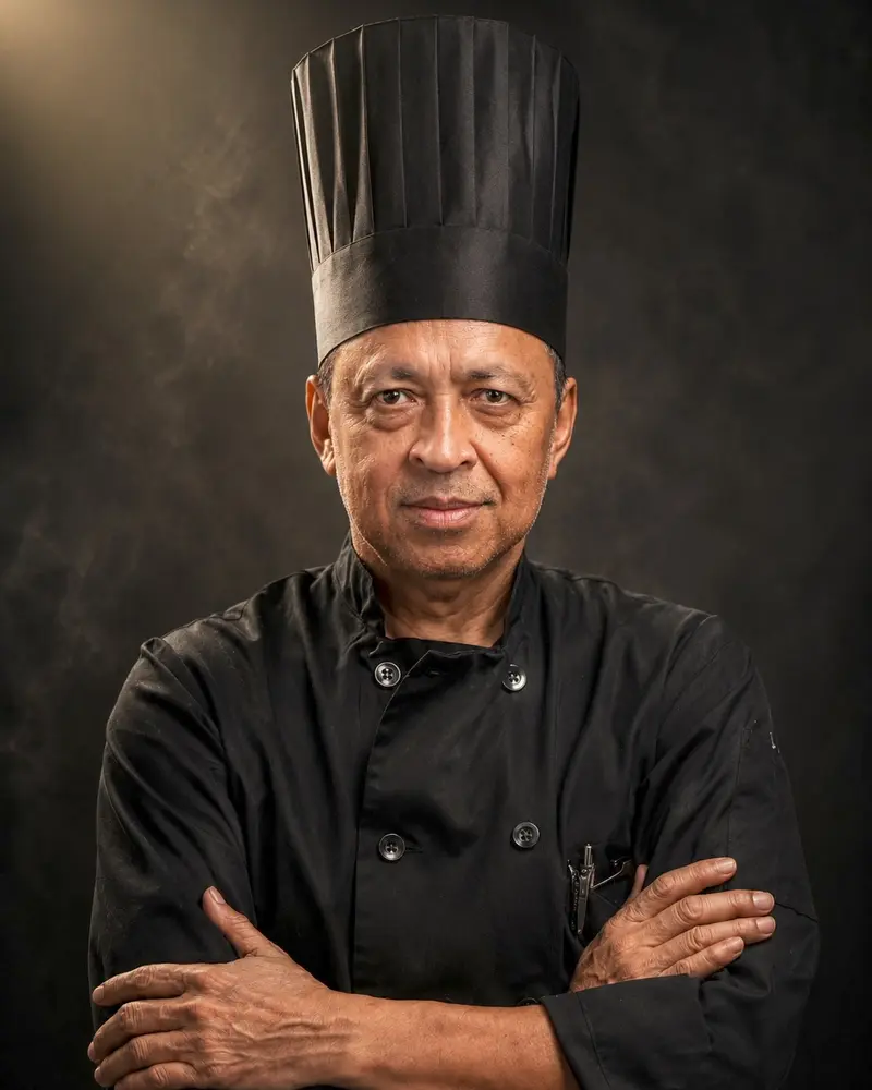 A chef in whites and a tall toque, arms folded, against a dark kitchen.