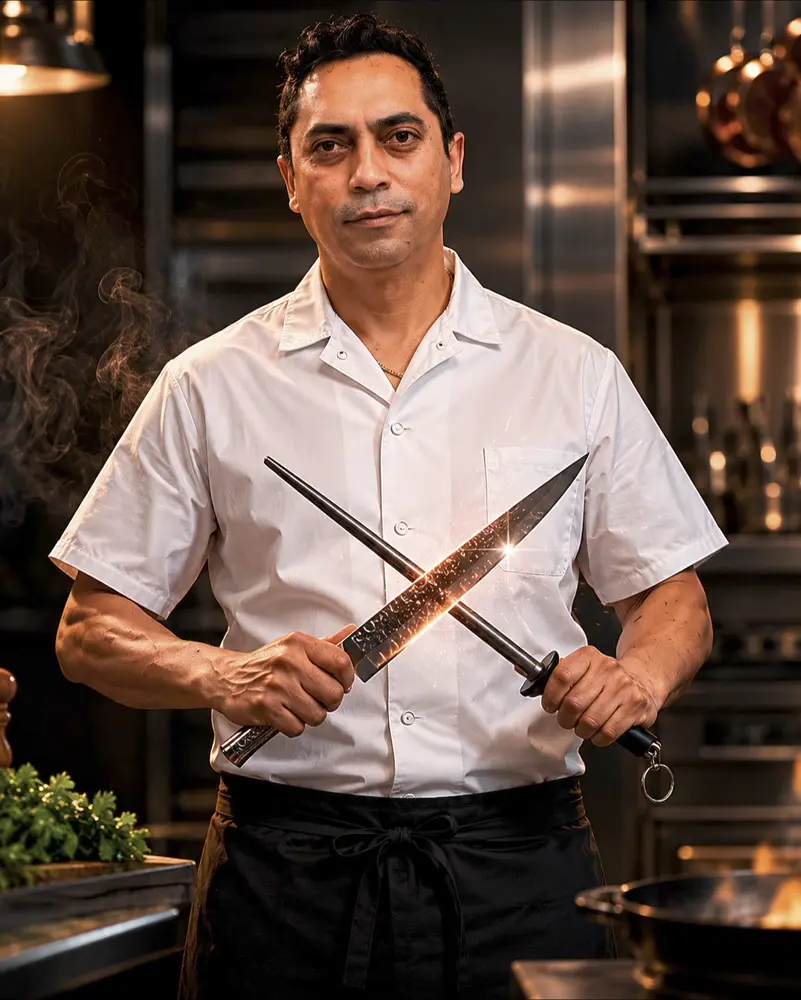 A chef holding two long knives crossed in front of him.