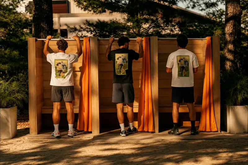 Three men in graphic tees at a row of changing stalls with orange curtains.