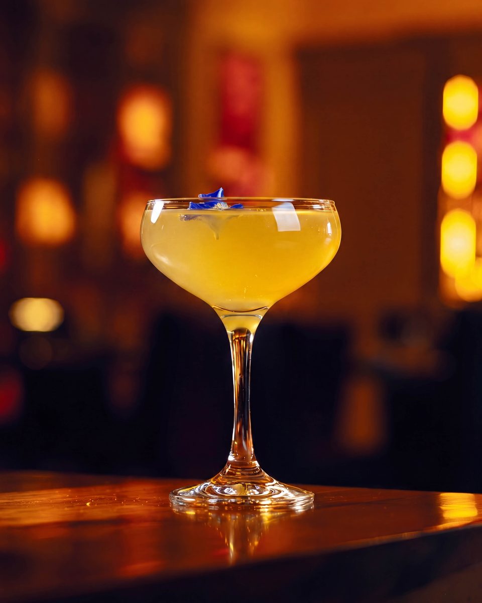 A coupe finished with an edible flower, lit against the dark room.